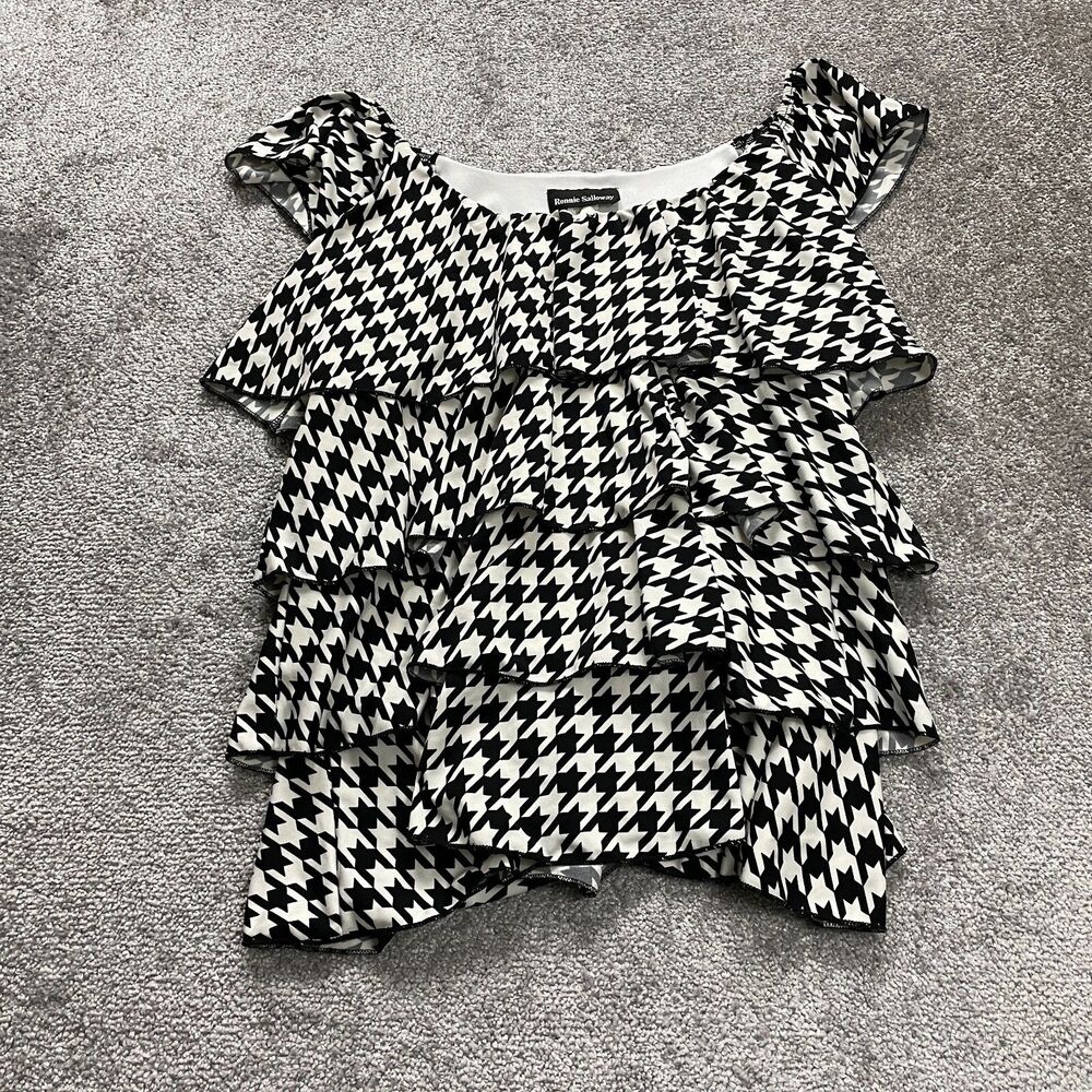 Ronnie Salloway Swimwear Tankini Women XL Black White Houndstooth Layered Ruffle